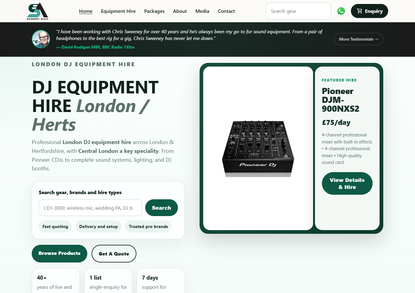 The live Sweeney Audio equipment-hire website.