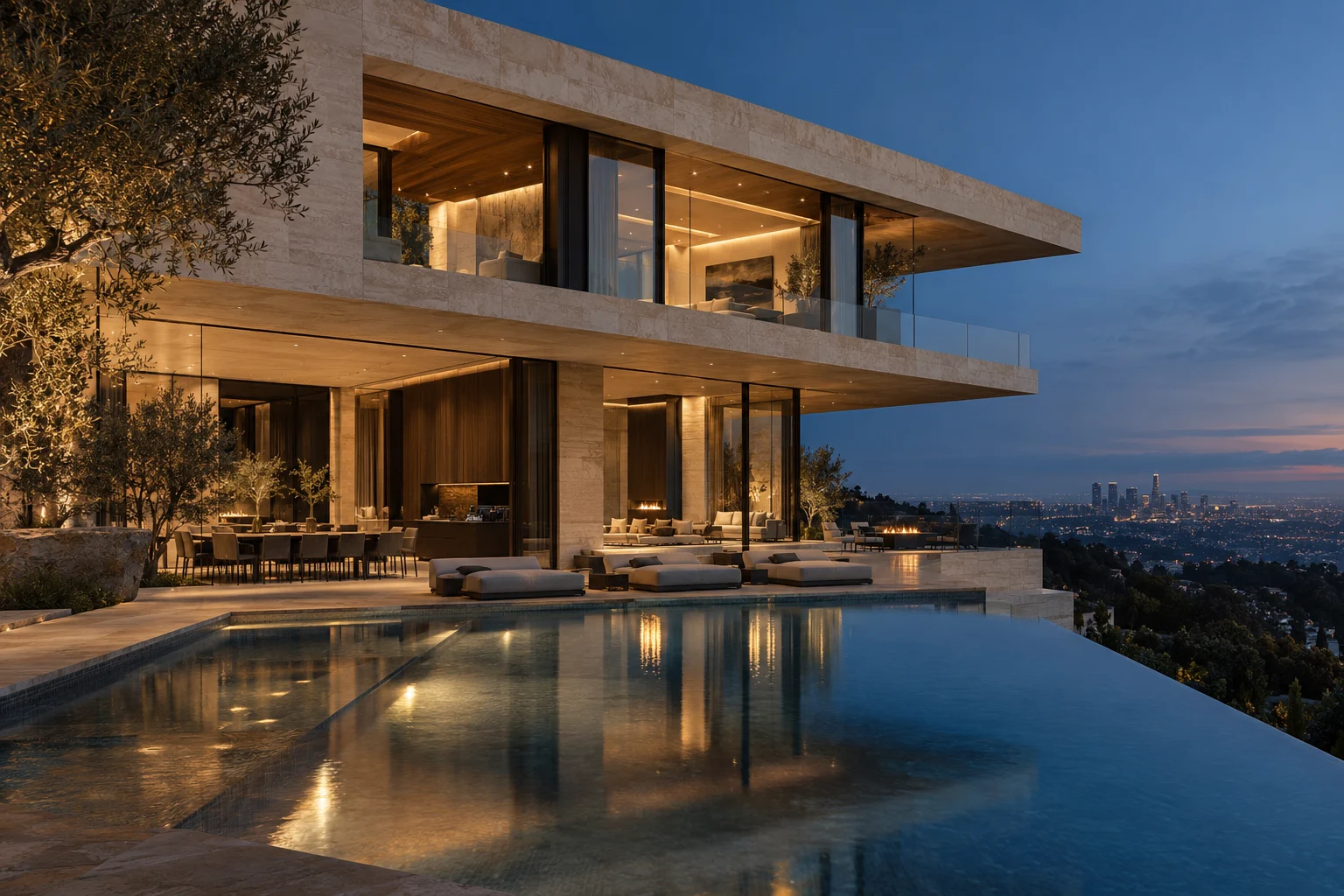 Original concept of a contemporary hillside residence with a pool at dusk